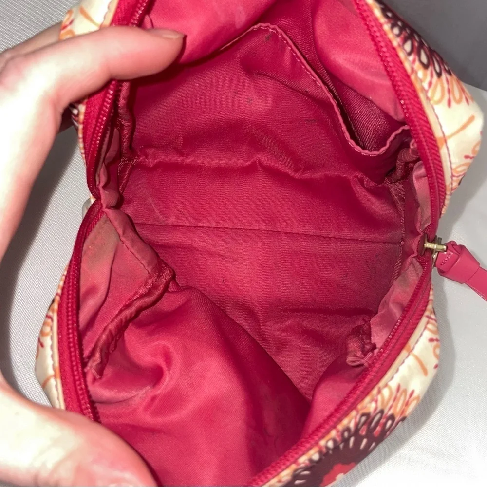 TORY BURCH SMALL FLORAL COSMETIC MAKEUP TOILETRY CASE BAG CREAM PLUM MAGENTA